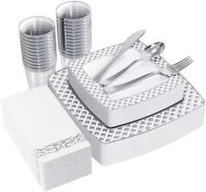 FOCUSLINE 175 Piece Silver Dinnerware Set for 25 Guests- Square Plastic Plates with Diamond- Including Disposable 25 Dinner Plates, 25 Dessert Plates, 25 Napkins, 25 Cups, 25 Silverware Set