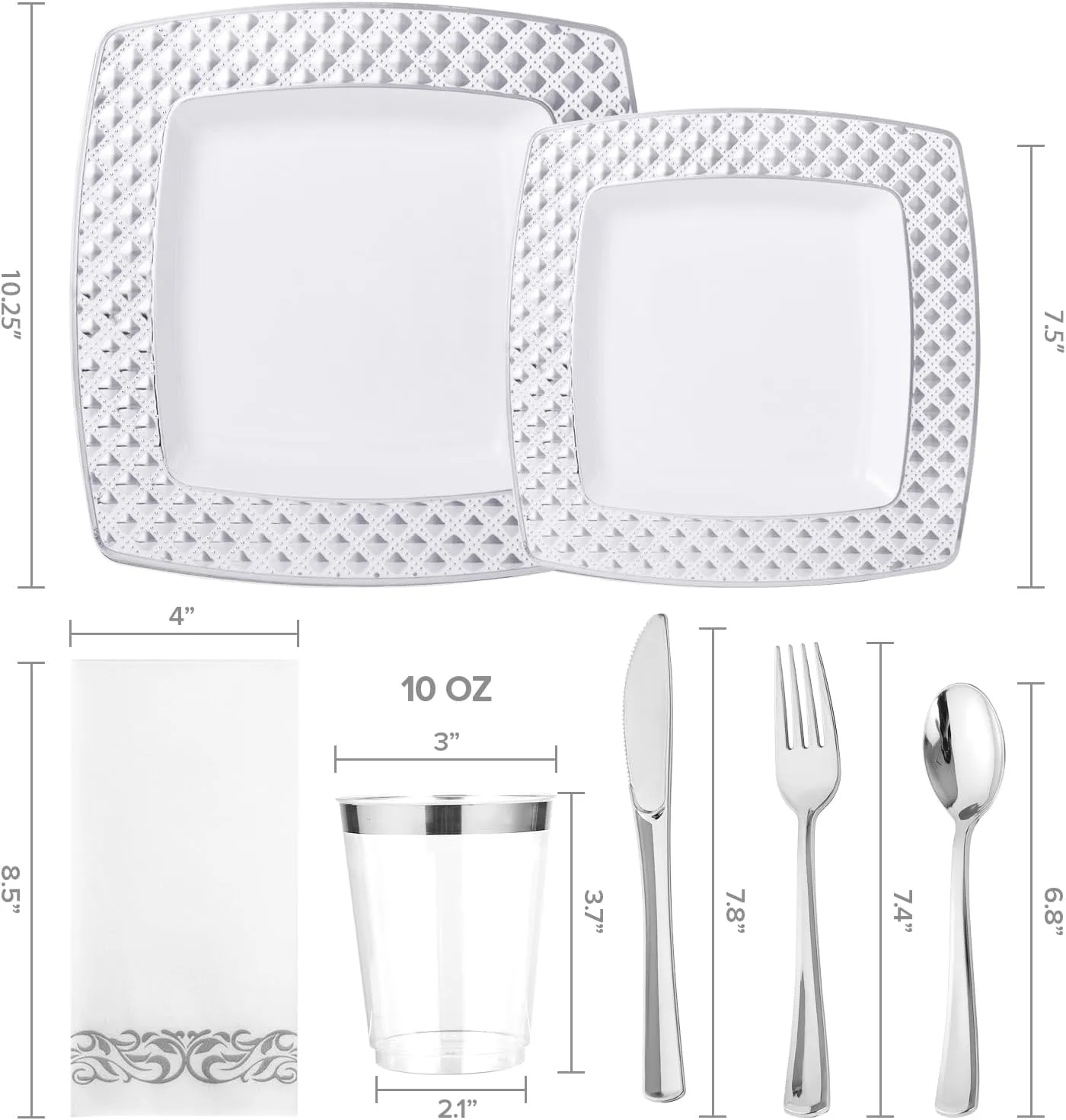 FOCUSLINE 175 Piece Silver Dinnerware Set for 25 Guests- Square Plastic Plates with Diamond- Including Disposable 25 Dinner Plates, 25 Dessert Plates, 25 Napkins, 25 Cups, 25 Silverware Set
