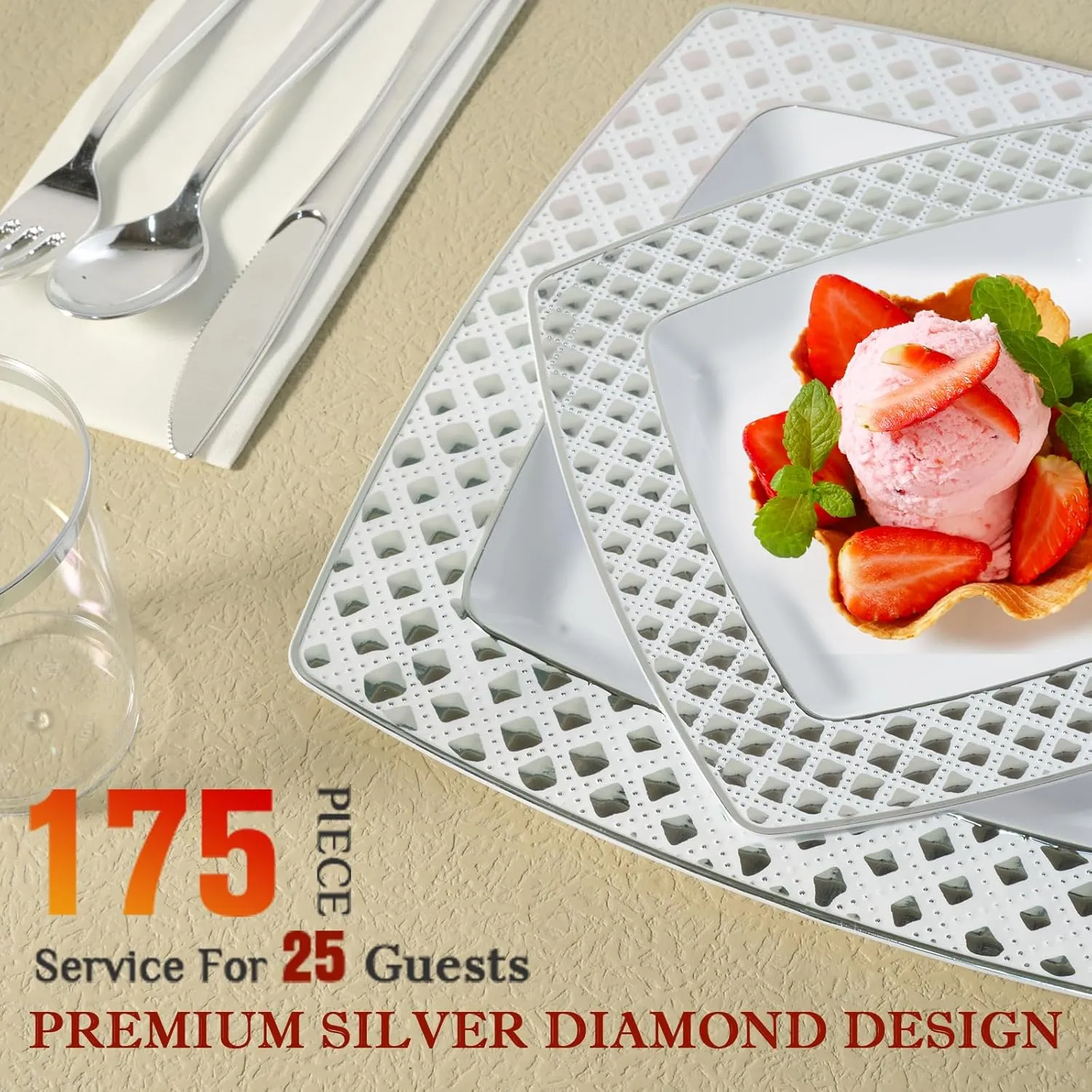 FOCUSLINE 175 Piece Silver Dinnerware Set for 25 Guests- Square Plastic Plates with Diamond- Including Disposable 25 Dinner Plates, 25 Dessert Plates, 25 Napkins, 25 Cups, 25 Silverware Set