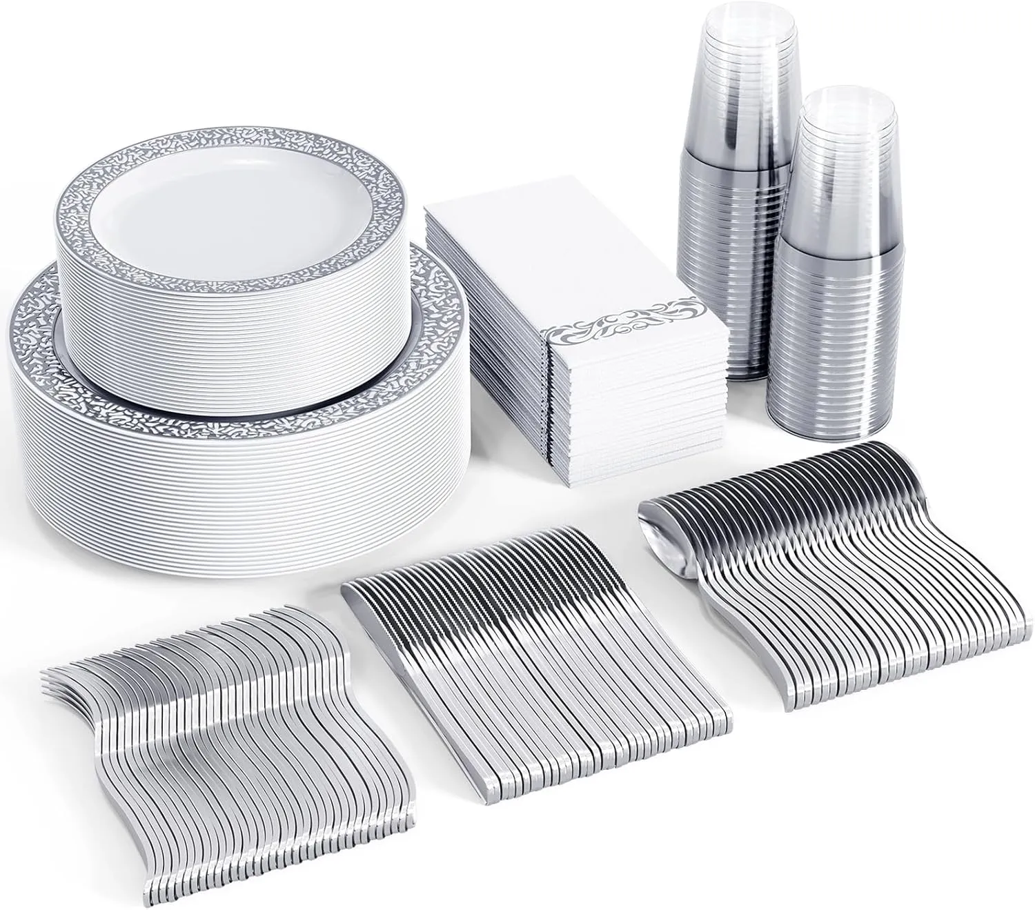FOCUSLINE 350 Ct Silver Dinnerware Set for 50 Guests, Silver Lace Plastic Plates Disposable Heavy Duty, Including 50 Dinner & Dessert Plates, Cups, Napkins, Cutlery Set