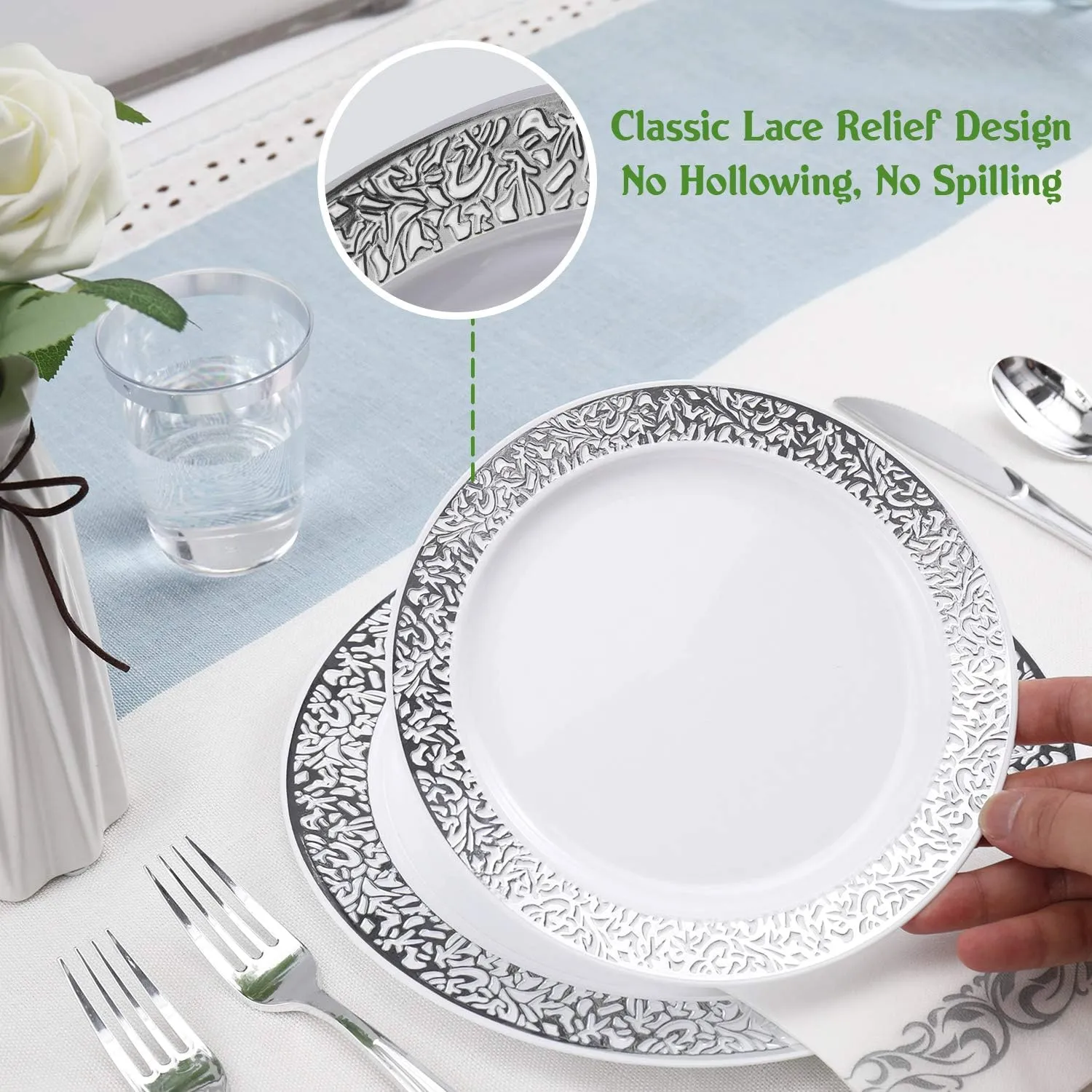 FOCUSLINE 350 Ct Silver Dinnerware Set for 50 Guests, Silver Lace Plastic Plates Disposable Heavy Duty, Including 50 Dinner & Dessert Plates, Cups, Napkins, Cutlery Set