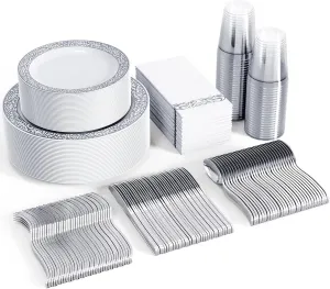FOCUSLINE 350 Ct Silver Dinnerware Set for 50 Guests, Silver Lace Plastic Plates Disposable Heavy Duty, Including 50 Dinner & Dessert Plates, Cups, Napkins, Cutlery Set