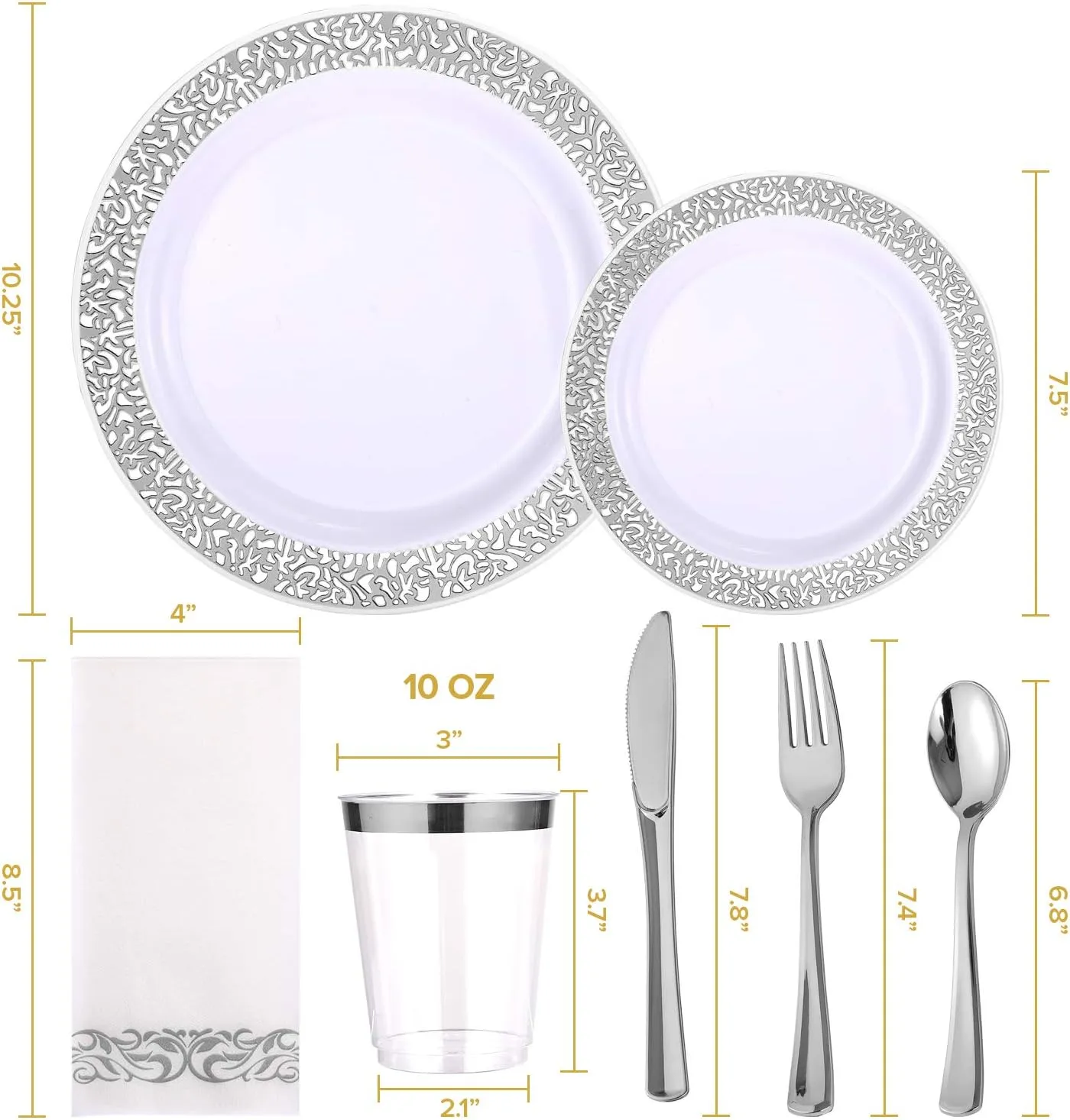 FOCUSLINE 350 Ct Silver Dinnerware Set for 50 Guests, Silver Lace Plastic Plates Disposable Heavy Duty, Including 50 Dinner & Dessert Plates, Cups, Napkins, Cutlery Set
