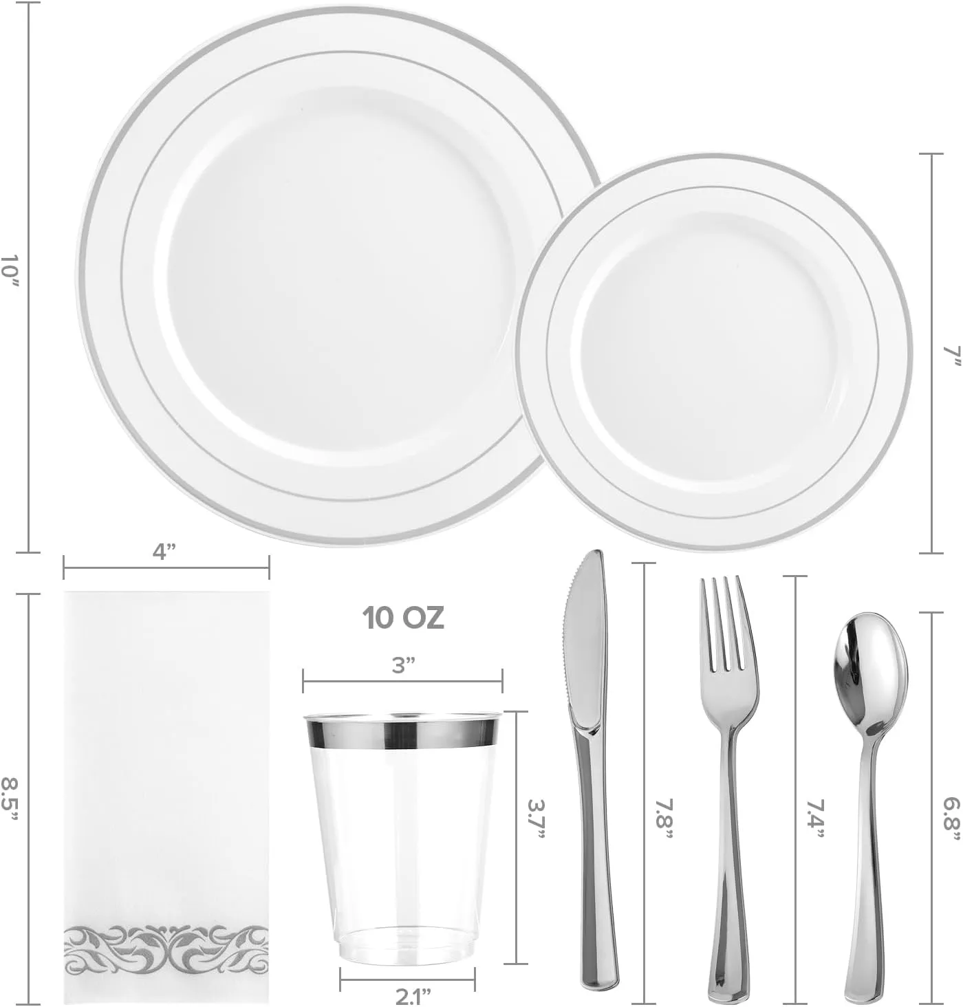 FOCUSLINE 350 Ct Silver Dinnerware Set for 50 Guests - Silver Rimmed White Disposable Plastic Plates, Includes 50 Dinner & Salad Plates, Cups, Cutlery Set for Wedding Parties