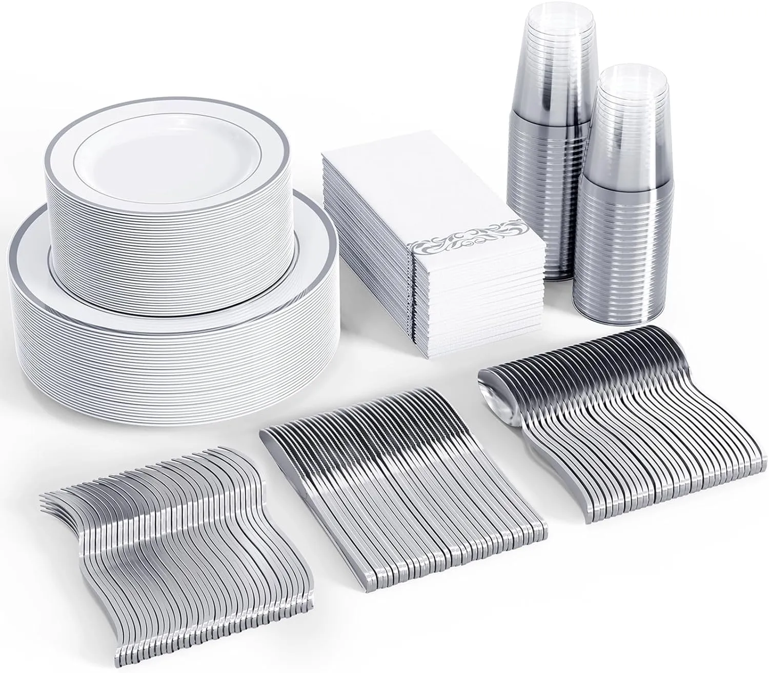 FOCUSLINE 350 Ct Silver Dinnerware Set for 50 Guests - Silver Rimmed White Disposable Plastic Plates, Includes 50 Dinner & Salad Plates, Cups, Cutlery Set for Wedding Parties