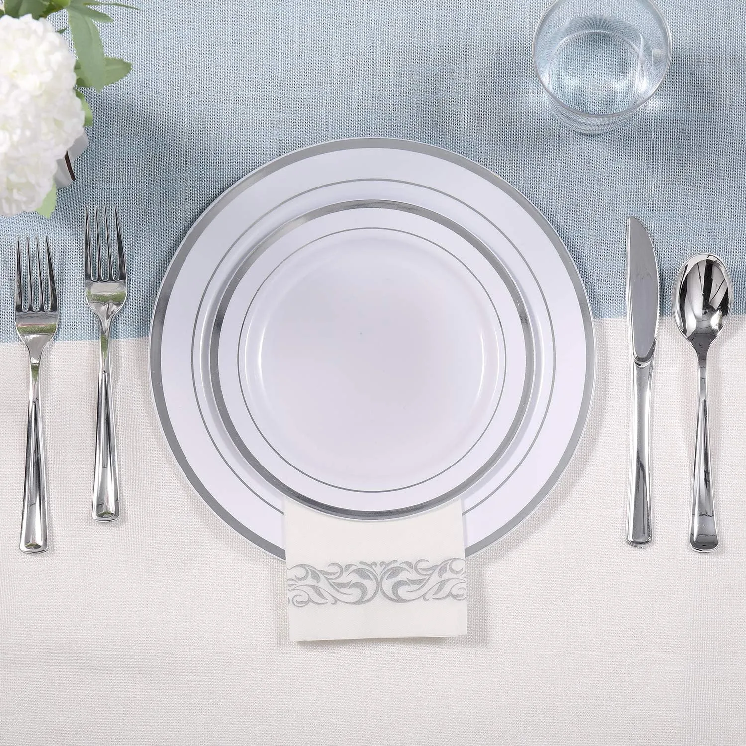 FOCUSLINE 350 Ct Silver Dinnerware Set for 50 Guests - Silver Rimmed White Disposable Plastic Plates, Includes 50 Dinner & Salad Plates, Cups, Cutlery Set for Wedding Parties