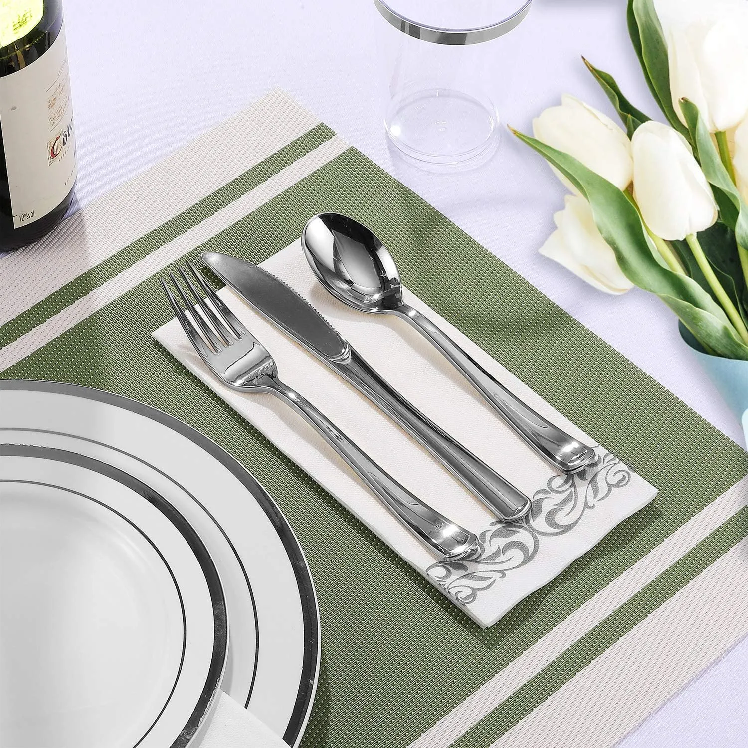 FOCUSLINE 350 Ct Silver Dinnerware Set for 50 Guests - Silver Rimmed White Disposable Plastic Plates, Includes 50 Dinner & Salad Plates, Cups, Cutlery Set for Wedding Parties