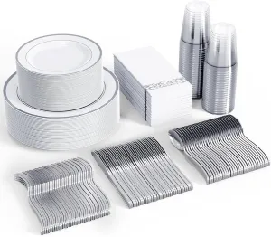 FOCUSLINE 350 Ct Silver Dinnerware Set for 50 Guests - Silver Rimmed White Disposable Plastic Plates, Includes 50 Dinner & Salad Plates, Cups, Cutlery Set for Wedding Parties