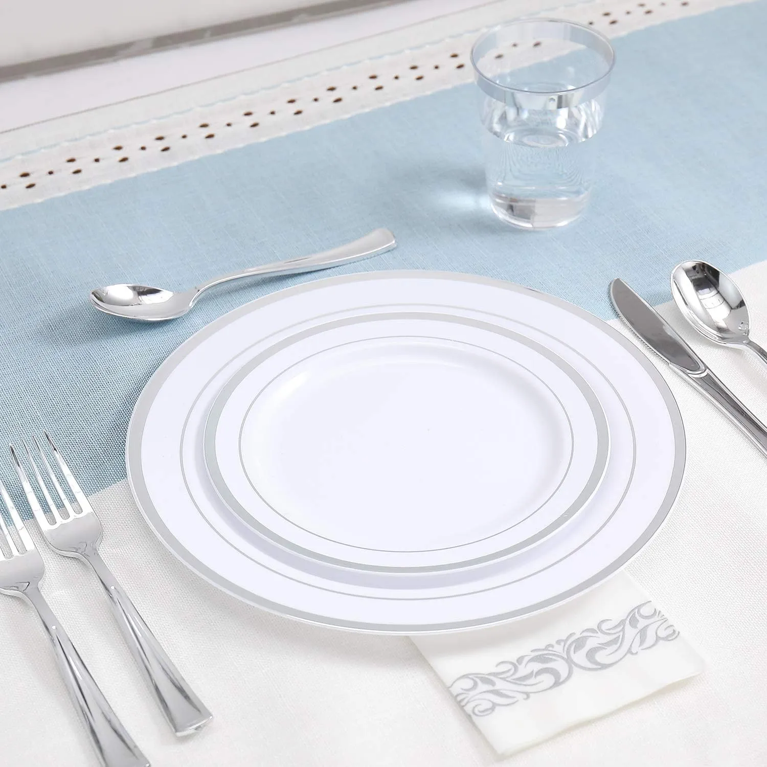 FOCUSLINE 350 Ct Silver Dinnerware Set for 50 Guests - Silver Rimmed White Disposable Plastic Plates, Includes 50 Dinner & Salad Plates, Cups, Cutlery Set for Wedding Parties