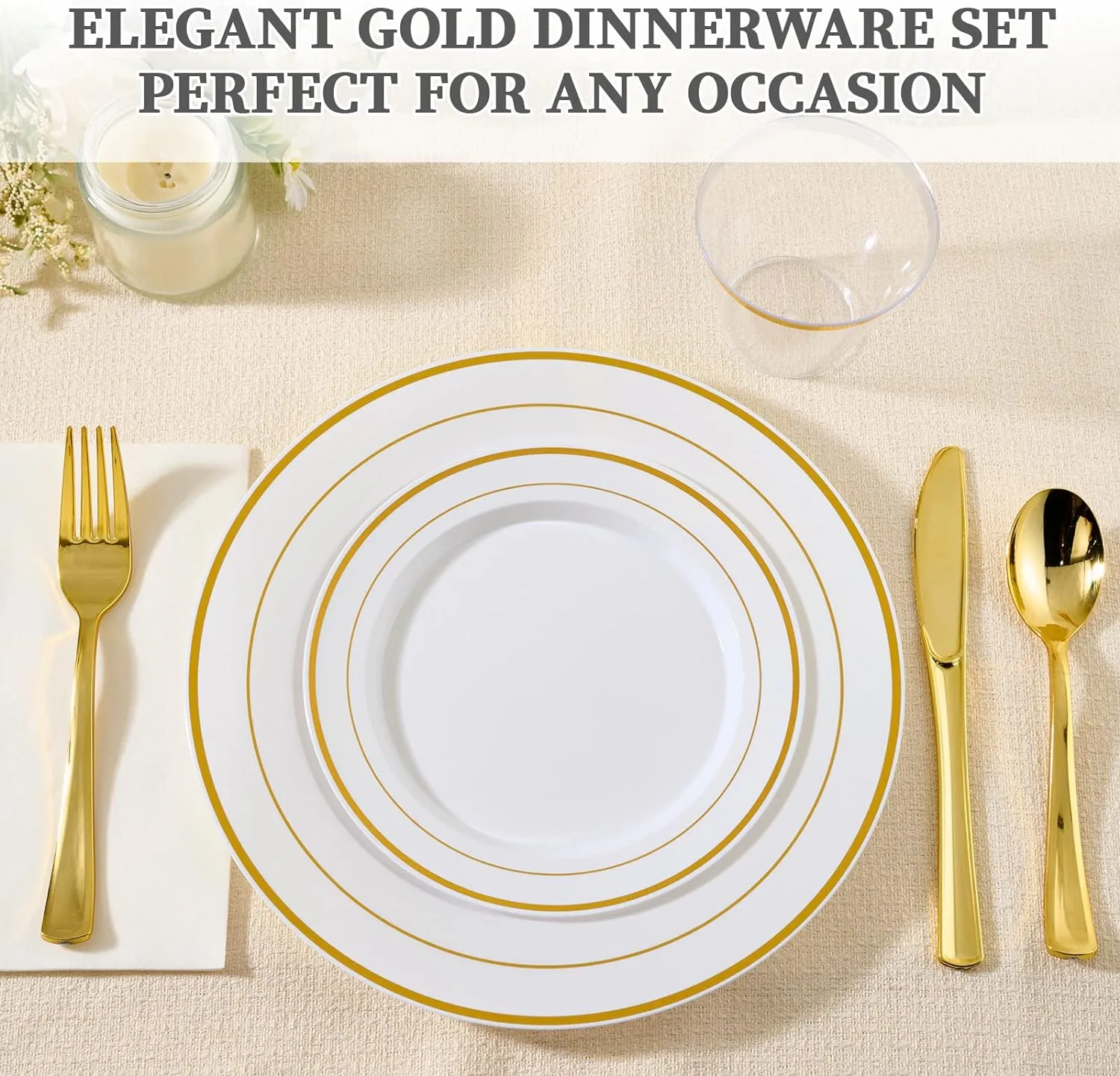 FOCUSLINE 600 Ct Gold Dinnerware Set for 100 Guests - Gold Rimmed White Disposable Plastic Plates, Includes 100 Dinner & Salad Plates, Cups, Cutlery Set for Wedding Parties