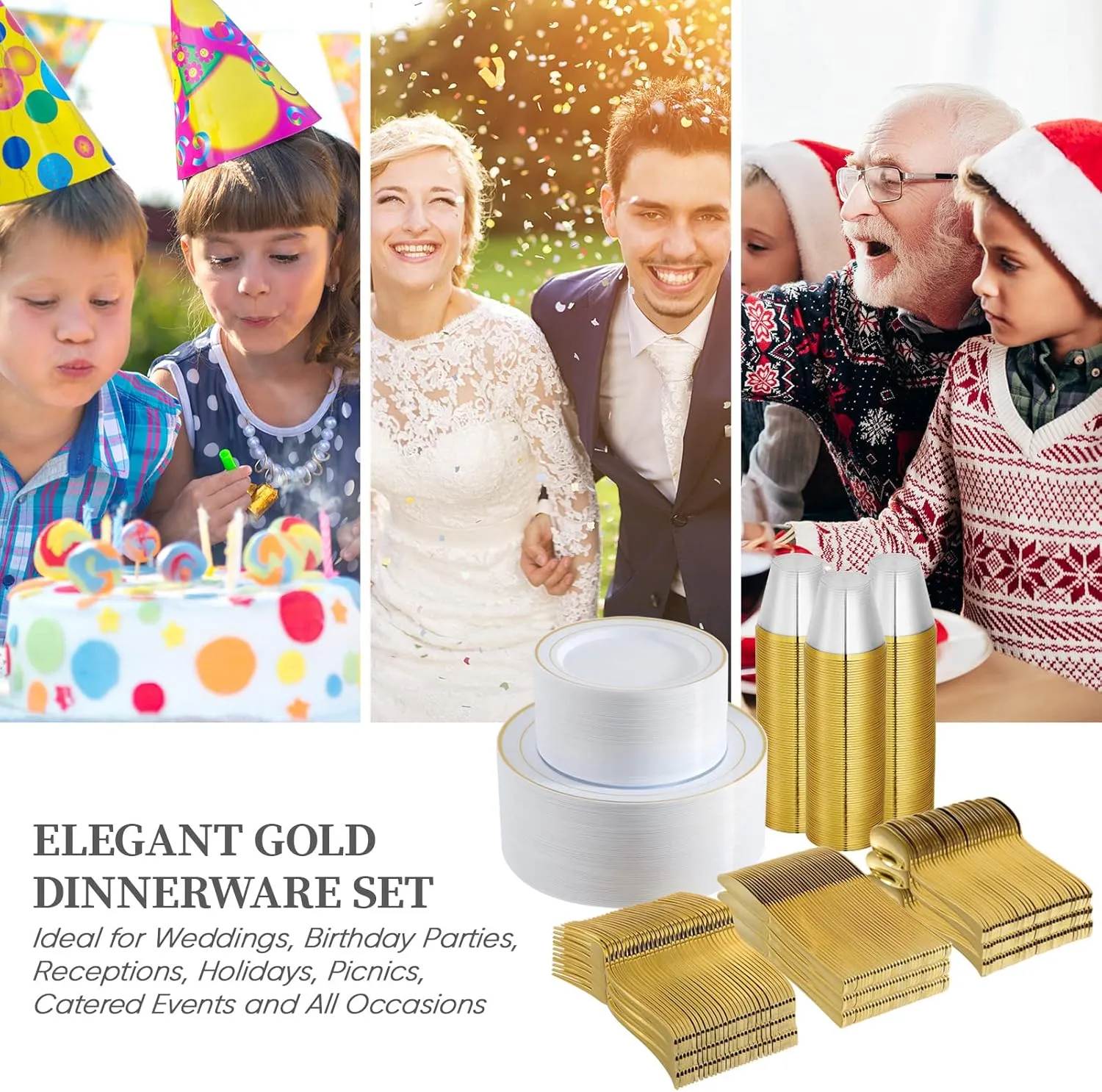 FOCUSLINE 600 Ct Gold Dinnerware Set for 100 Guests - Gold Rimmed White Disposable Plastic Plates, Includes 100 Dinner & Salad Plates, Cups, Cutlery Set for Wedding Parties