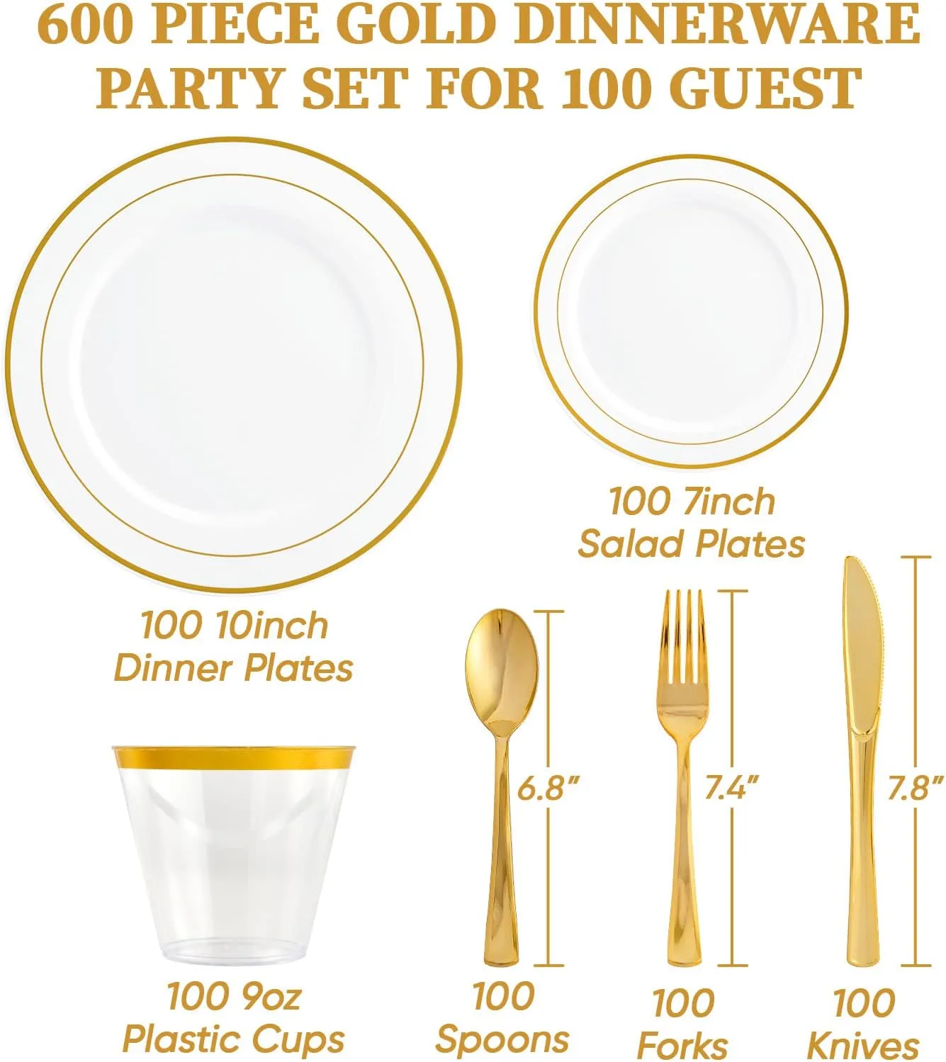FOCUSLINE 600 Ct Gold Dinnerware Set for 100 Guests - Gold Rimmed White Disposable Plastic Plates, Includes 100 Dinner & Salad Plates, Cups, Cutlery Set for Wedding Parties