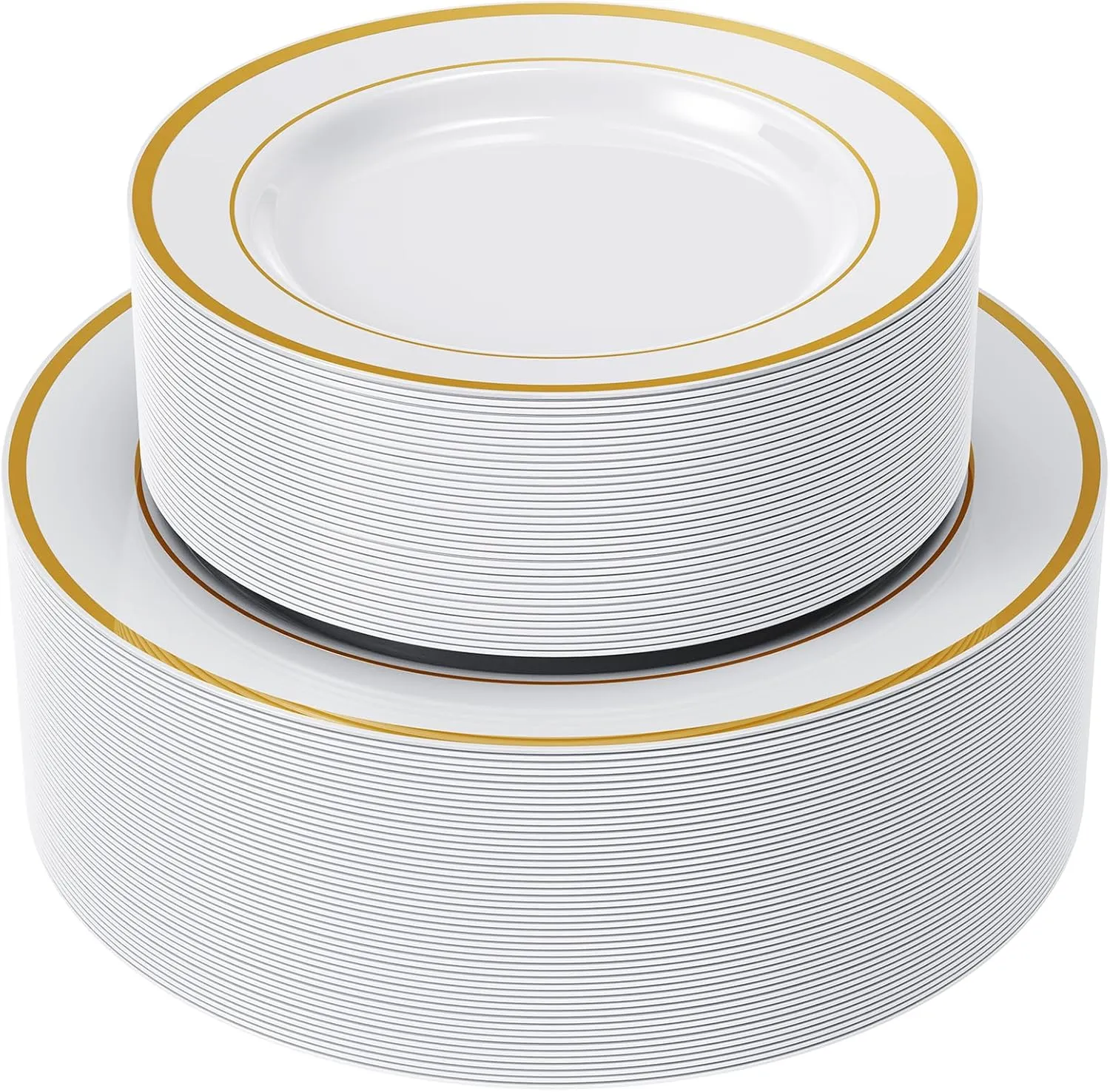 FOCUSLINE Gold Plastic Plates Set of 102, Disposable Heavy Duty 51 Dinner Plates and 51 Dessert Plates, Elegant Fancy White Plastic Plate with Gold Rim for Wedding Party Plate