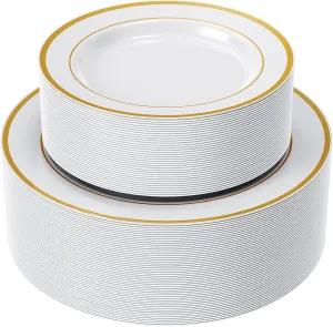FOCUSLINE Gold Plastic Plates Set of 102, Disposable Heavy Duty 51 Dinner Plates and 51 Dessert Plates, Elegant Fancy White Plastic Plate with Gold Rim for Wedding Party Plate