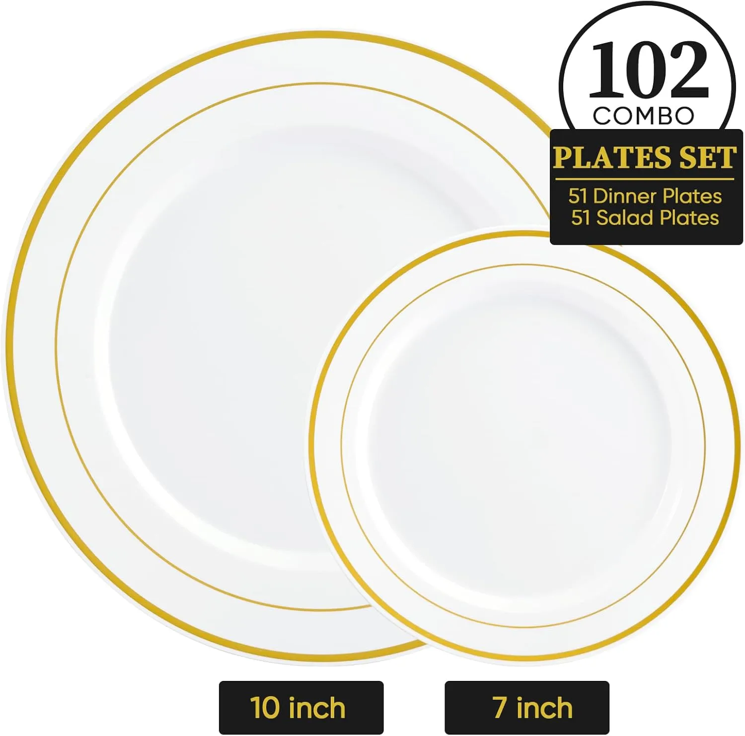 FOCUSLINE Gold Plastic Plates Set of 102, Disposable Heavy Duty 51 Dinner Plates and 51 Dessert Plates, Elegant Fancy White Plastic Plate with Gold Rim for Wedding Party Plate