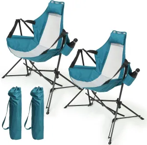 Folding Portable Hammock Camping Chair with Adjustable Back and Cup Holder, Includes Carry Bag, Blue (Set of 2)