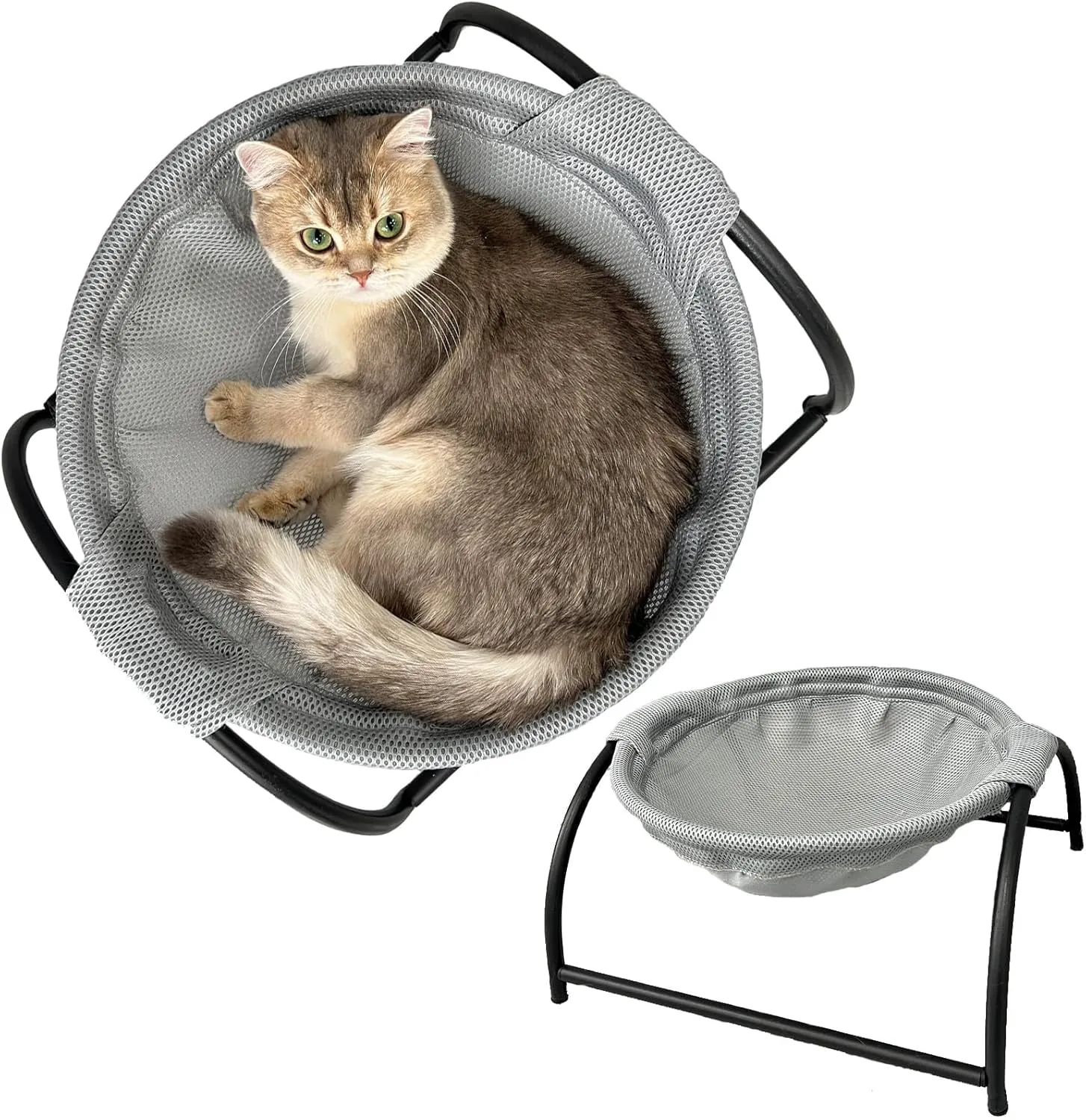Free-Standing Cat & Dog Hammock Bed for Large Pets - Breathable Circular Pet Bed, Machine-Washable, Stable Frame, Easy Assembly Indoor/Outdoor (Black)