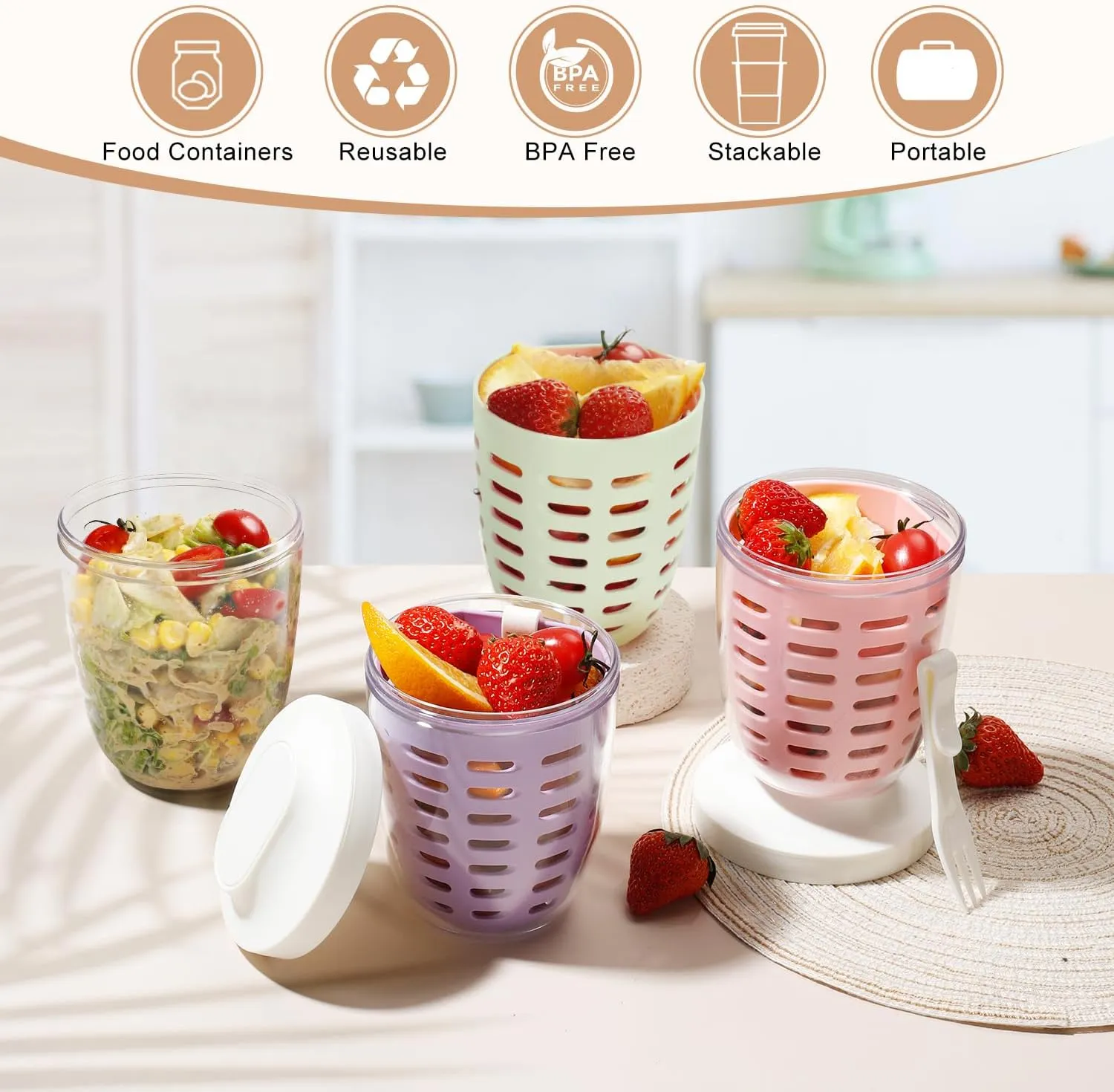 Fruit Salad Storage Cup With Lids and Fork, 20 Oz Plastic Airtight Fruit Storage Containers for fridge with BPA-Free, Leak-Proof, Reusable for Office,Party,Travel. (pink green yellow purple)