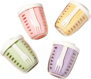 Fruit Salad Storage Cup With Lids and Fork, 20 Oz Plastic Airtight Fruit Storage Containers for fridge with BPA-Free, Leak-Proof, Reusable for Office,Party,Travel. (pink green yellow purple)