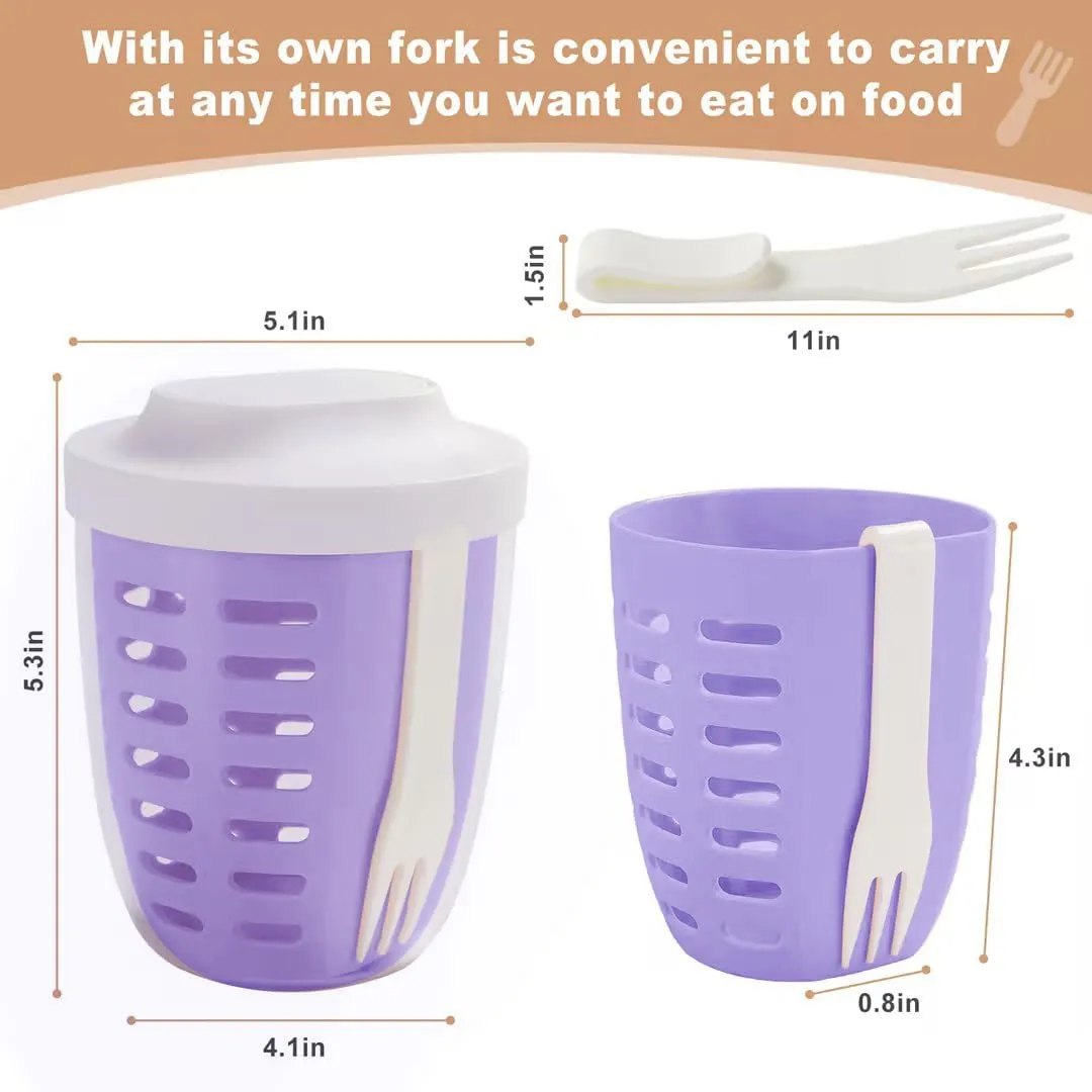 Fruit Salad Storage Cup With Lids and Fork, 20 Oz Plastic Airtight Fruit Storage Containers for fridge with BPA-Free, Leak-Proof, Reusable for Office,Party,Travel. (pink purple)