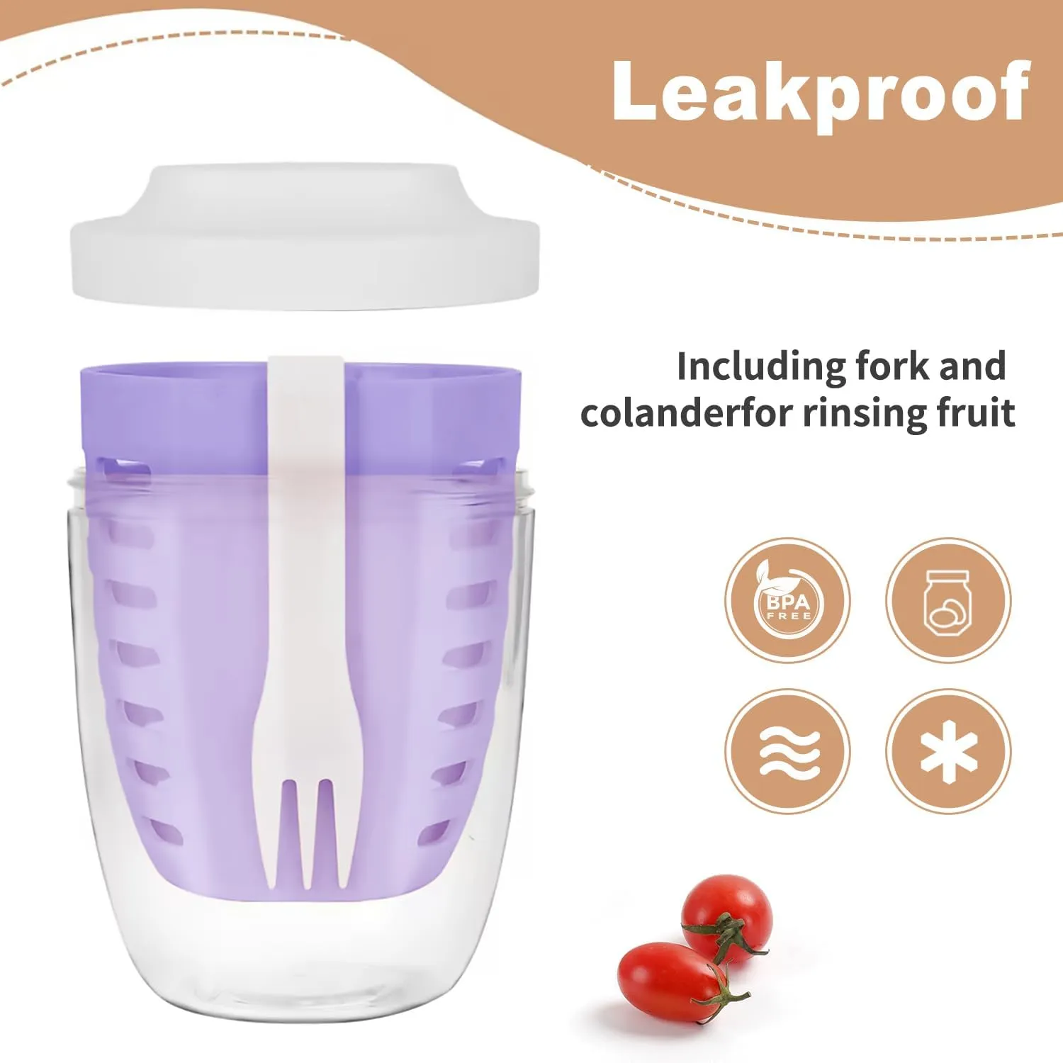 Fruit Salad Storage Cup With Lids and Fork, 20 Oz Plastic Airtight Fruit Storage Containers for fridge with BPA-Free, Leak-Proof, Reusable for Office,Party,Travel. (pink purple)