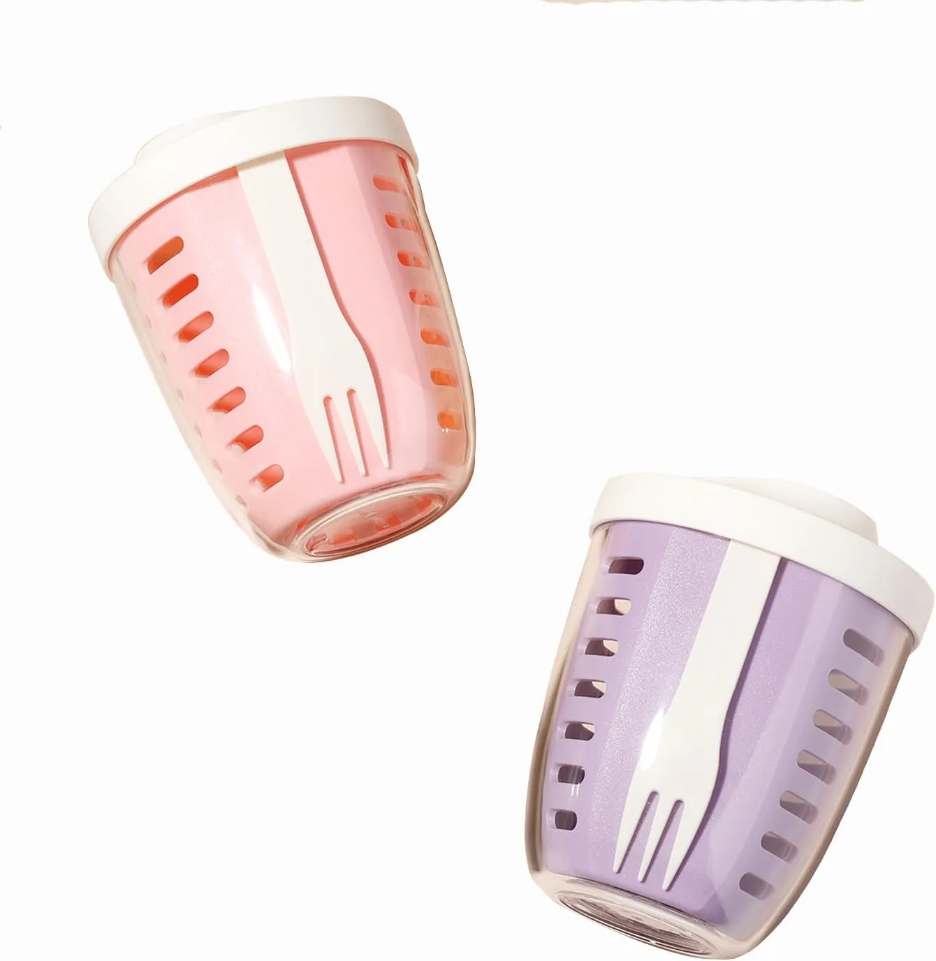 Fruit Salad Storage Cup With Lids and Fork, 20 Oz Plastic Airtight Fruit Storage Containers for fridge with BPA-Free, Leak-Proof, Reusable for Office,Party,Travel. (pink purple)