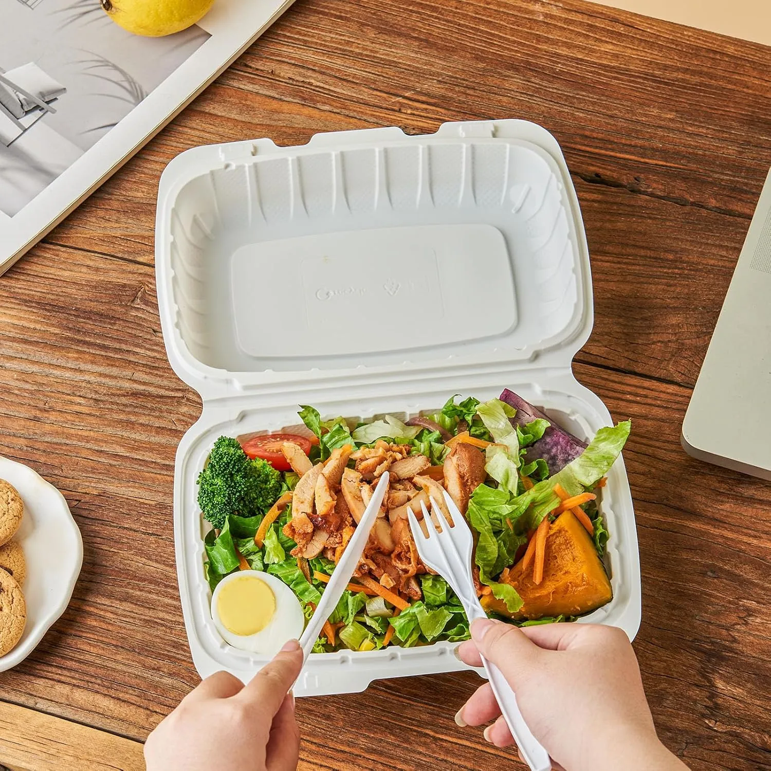 FULING [9x6-Inch, 50-Pack Clamshell Plastic Food Container With Lid 1 Compartment
