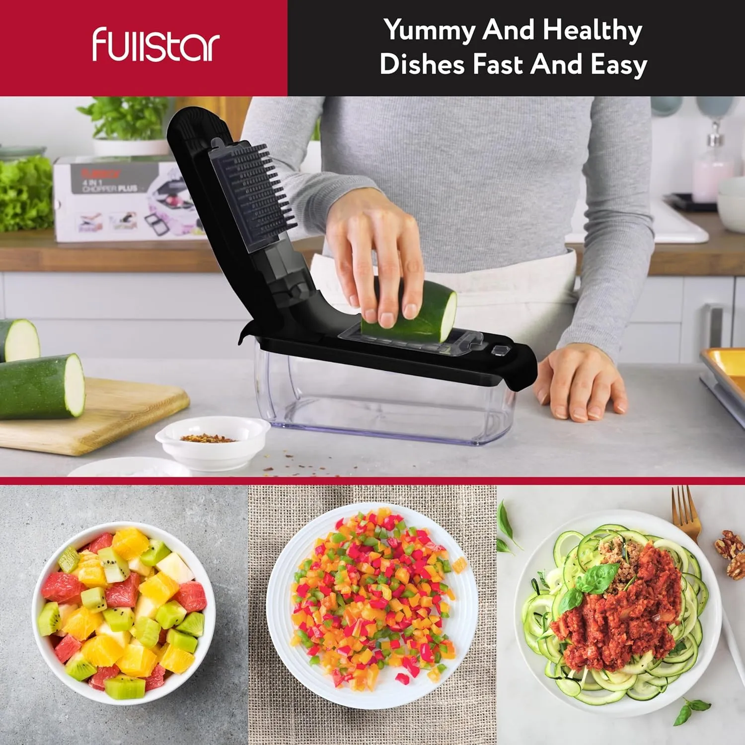 Fullstar Vegetable Chopper and Spiralizer - Food Chopper with Container, Fruit Slicer, Kitchen Gadgets & Accessories, Home Essentials (2 in 1, Black)