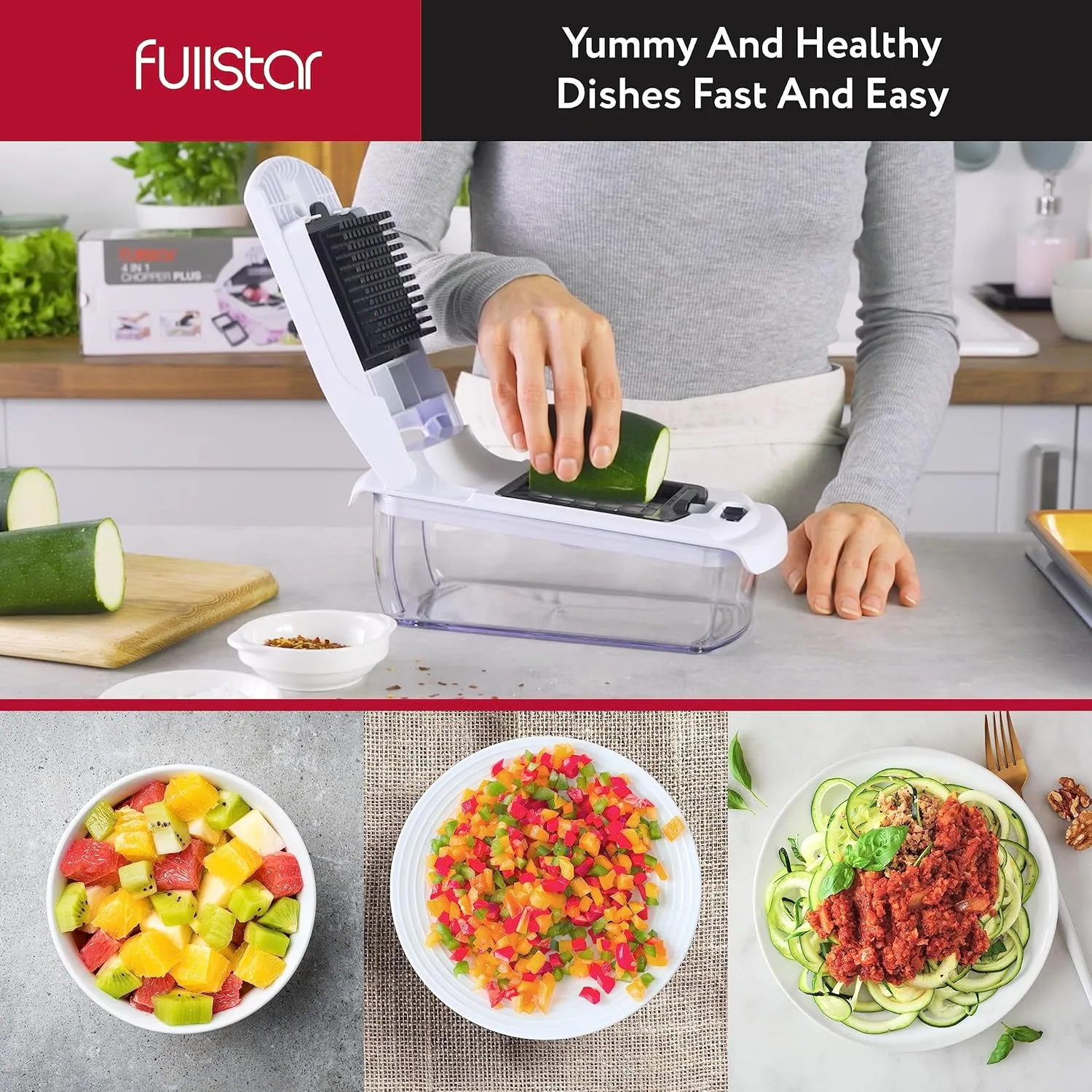 Fullstar Vegetable Chopper and Spiralizer - Food Chopper with Container, Fruit Slicer, Kitchen Gadgets & Accessories, Home Essentials (2 in 1, White)