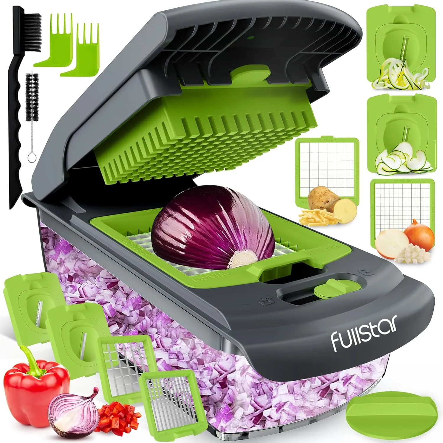 Fullstar Vegetable Chopper and Spiralizer - Food Chopper with Container, Fruit Slicer, Kitchen Gadgets & Accessories, Home Essentials (4 in 1, Gray/Green)