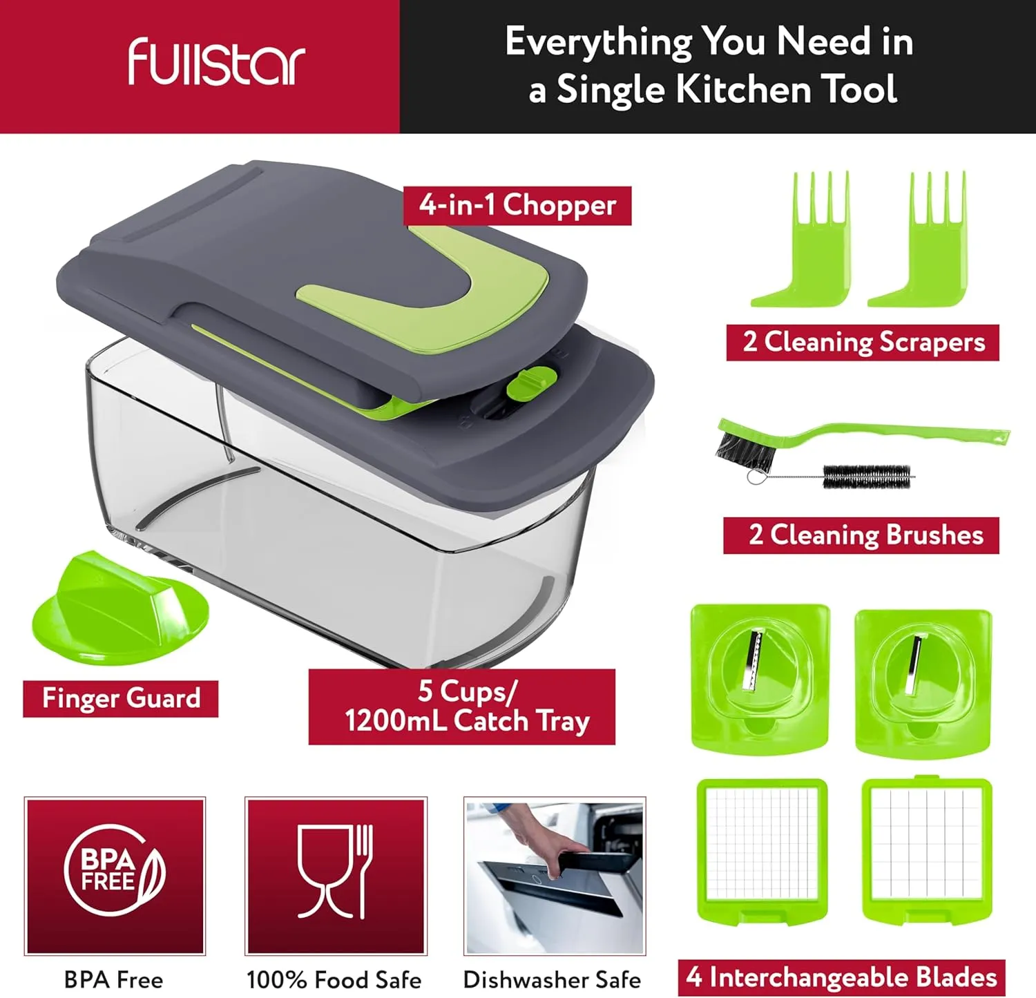Fullstar Vegetable Chopper and Spiralizer - Food Chopper with Container, Fruit Slicer, Kitchen Gadgets & Accessories, Home Essentials (4 in 1, Gray/Green)