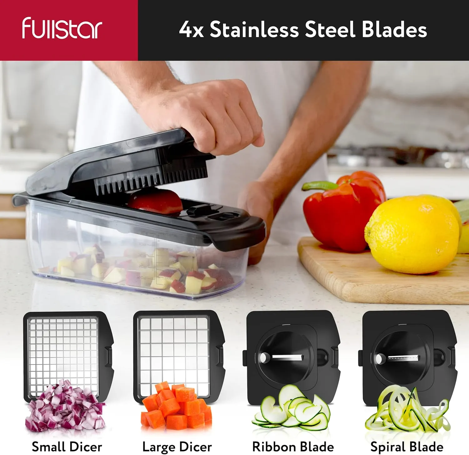 Fullstar Vegetable Chopper, Mandoline Slicer - Cheese Grater, Food Chopper with Container, Kitchen Gadgets, Home Essentials (11-in-1, Black/SS)