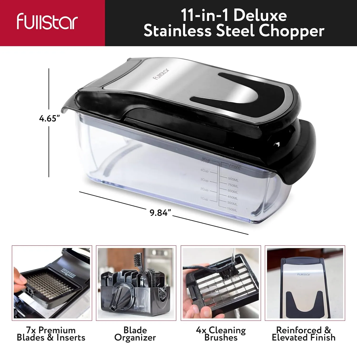 Fullstar Vegetable Chopper, Mandoline Slicer - Cheese Grater, Food Chopper with Container, Kitchen Gadgets, Home Essentials (11-in-1, Black/SS)