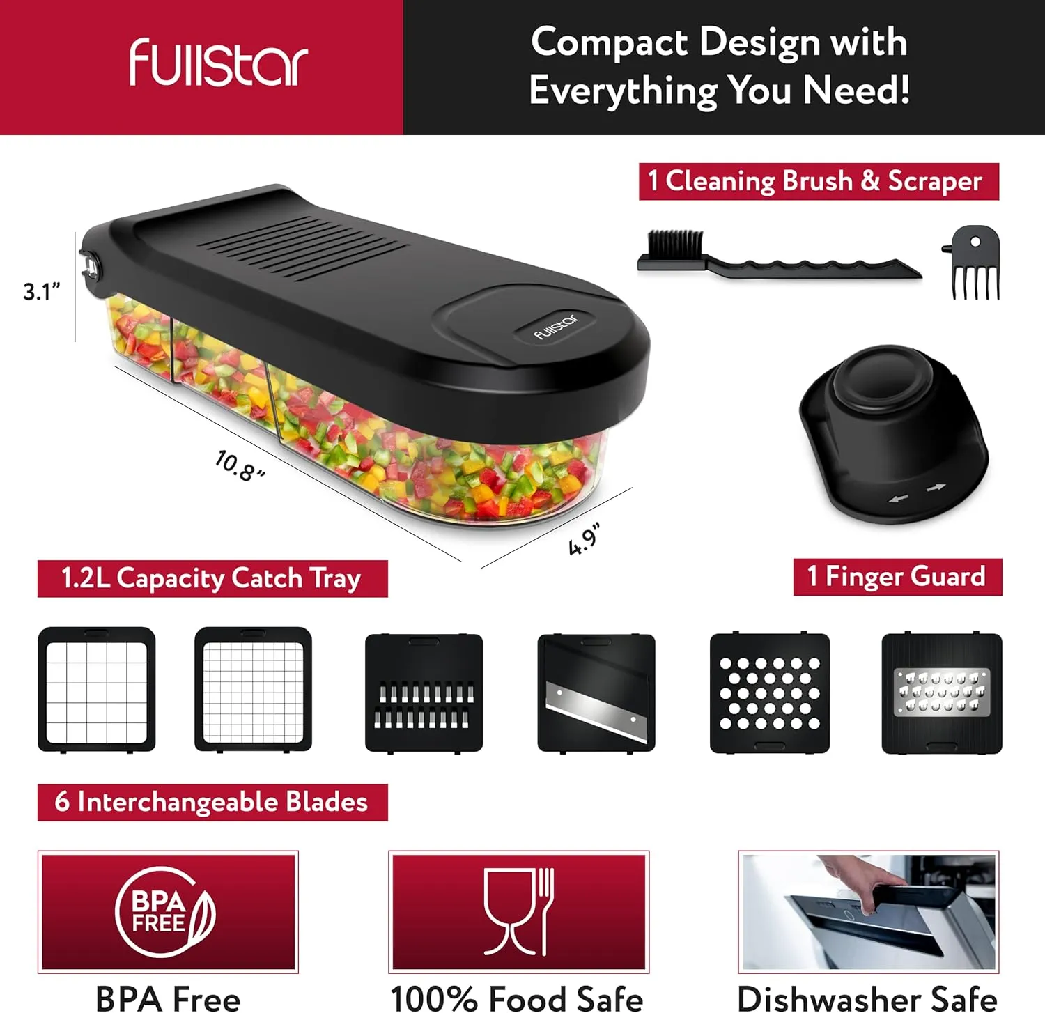 Fullstar Vegetable Chopper, Mandoline Slicer - Cheese Grater, Food Chopper with Container, Kitchen Gadgets, Home Essentials (6-in-1, Black)