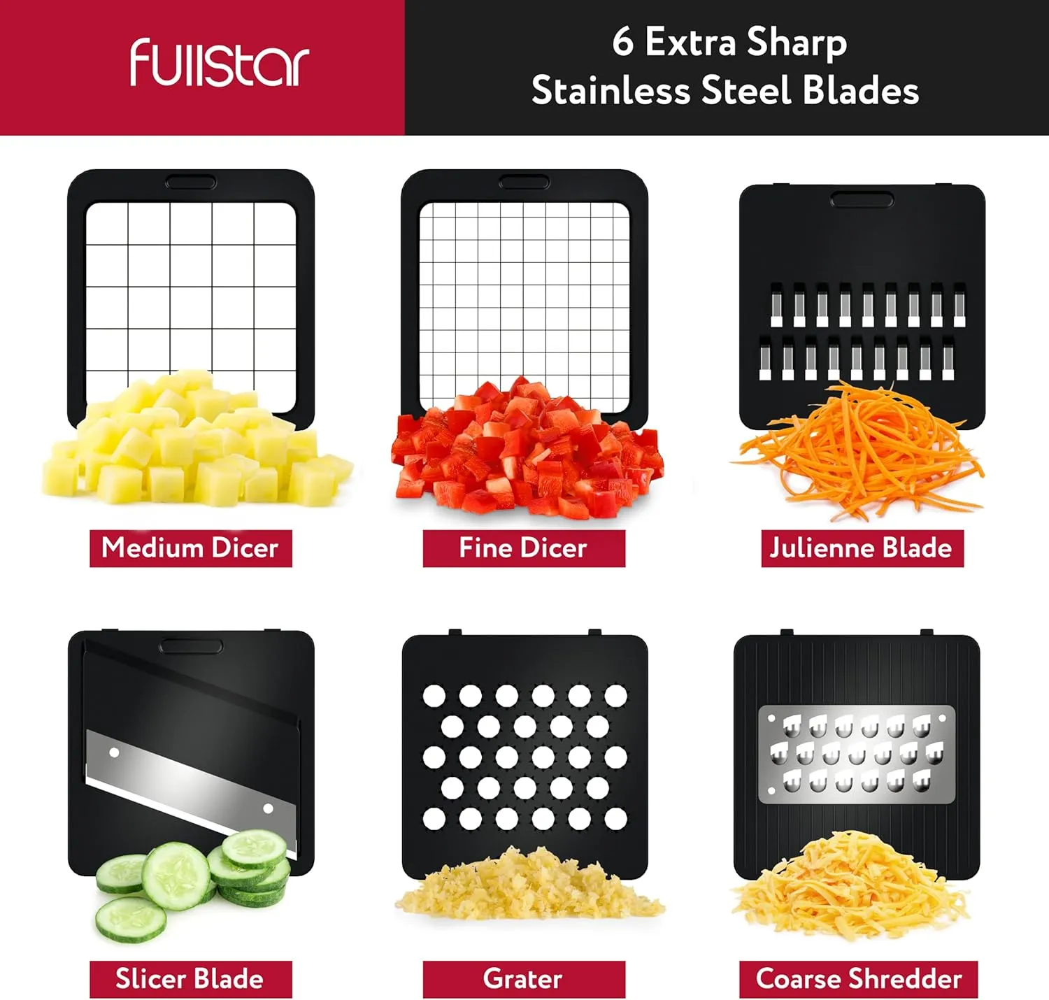 Fullstar Vegetable Chopper, Mandoline Slicer - Cheese Grater, Food Chopper with Container, Kitchen Gadgets, Home Essentials (6-in-1, Black)