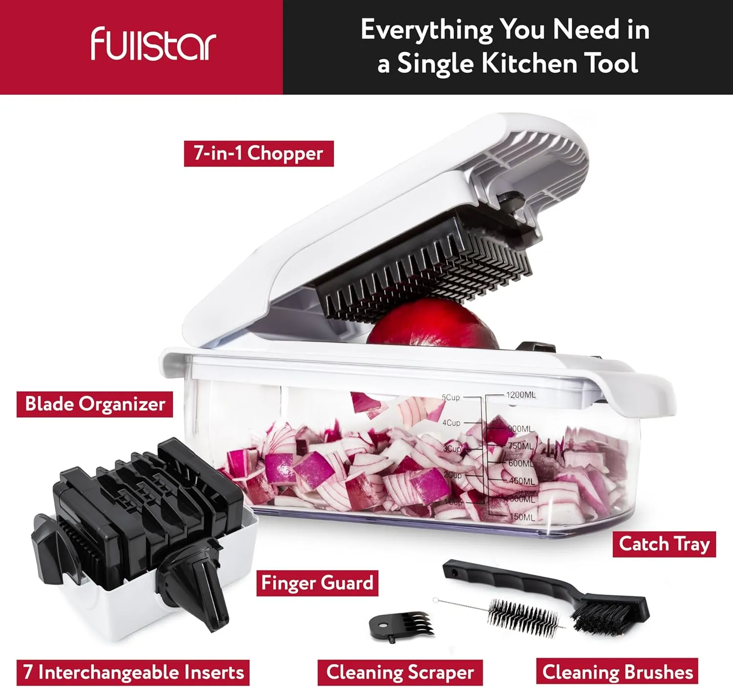 Fullstar Vegetable Chopper, Mandoline Slicer - Cheese Grater, Food Chopper with Container, Kitchen Gadgets, Home Essentials (7-in-1, White/Black)