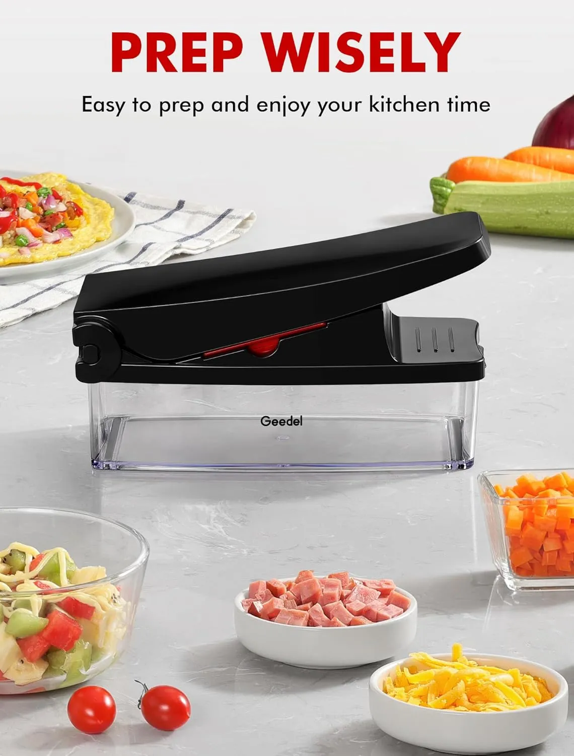 Geedel Vegetable Chopper, Onion Chopper Pro Food Chopper, Kitchen Vegetable Slicer Dicer Cutter Grater, Veggie Chopper with container for Salad Onion Potato Carrot (4 in 1, Red)
