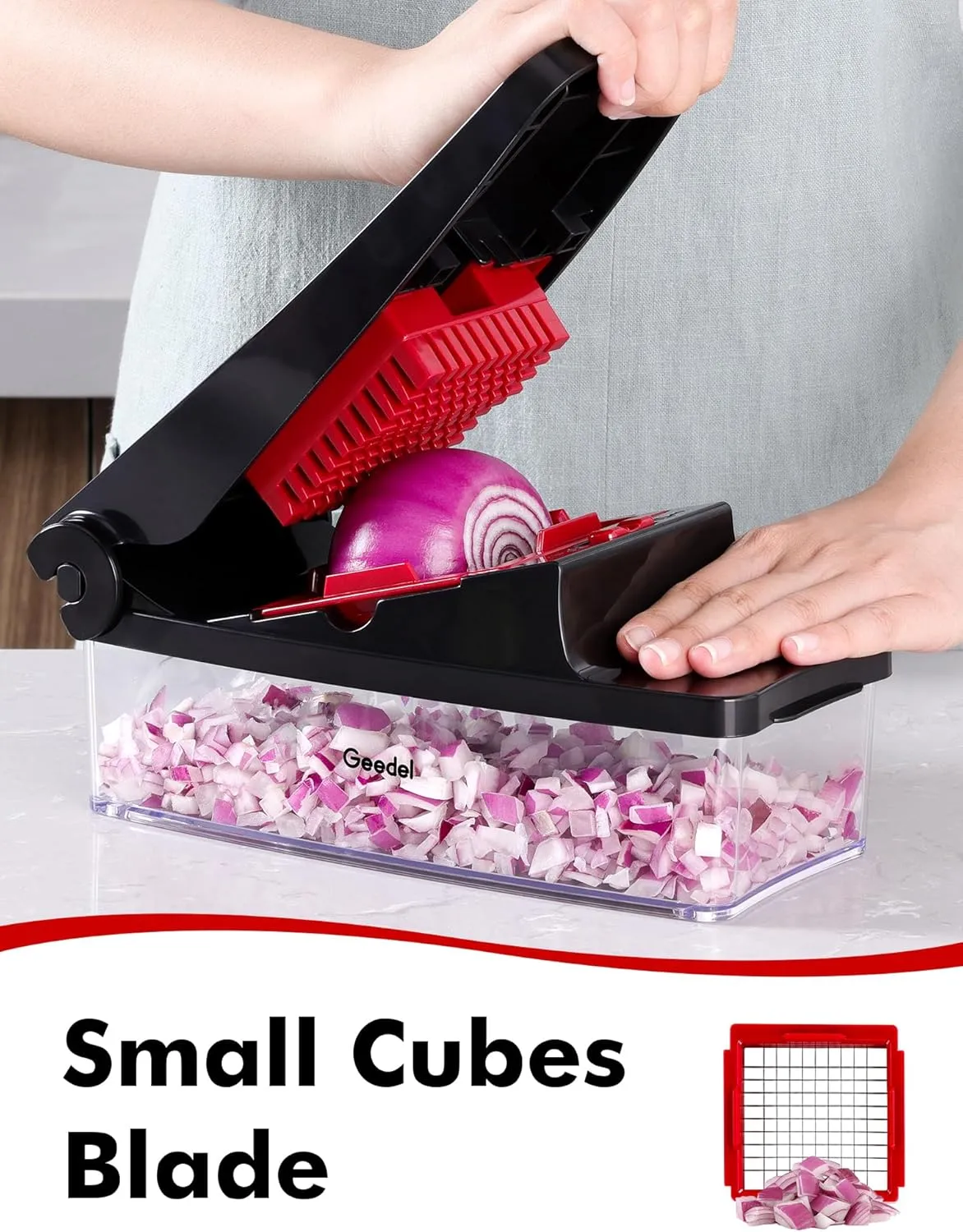Geedel Vegetable Chopper, Onion Chopper Pro Food Chopper, Kitchen Vegetable Slicer Dicer Cutter, Veggie Chopper with container for Salad Onion Potato Carrot (2 in 1, Red)