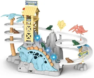 GEMPRIME Dinosaur Climbing Slide with Race Track, Lights and Music - Adventure Toy for Toddlers & Kids Age 3-8 - Blue