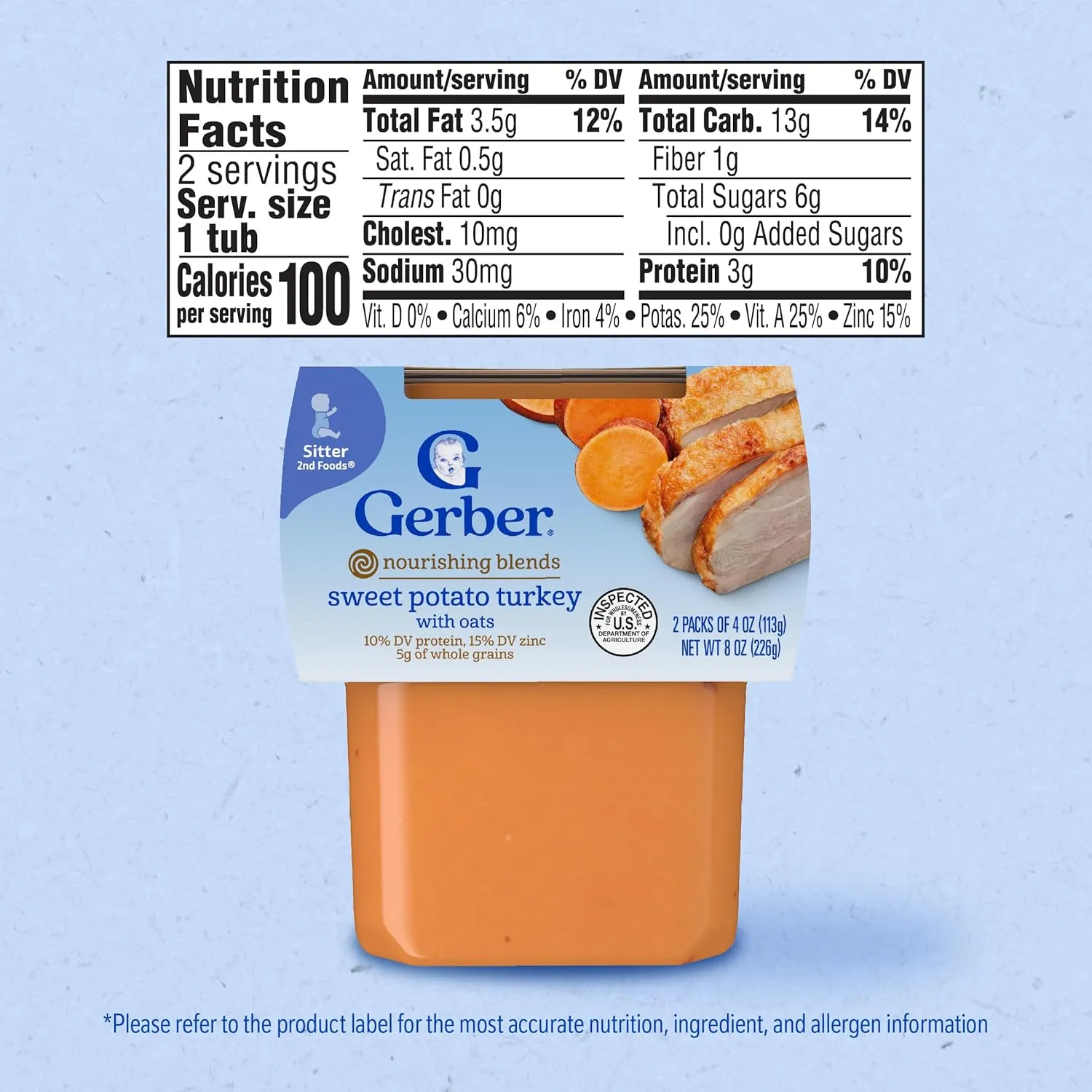 Gerber Baby Food 2nd Foods, Dinner, Sweet Potato & Turkey Puree, 4 Ounce Tubs, 2-Pack (Pack of 8)