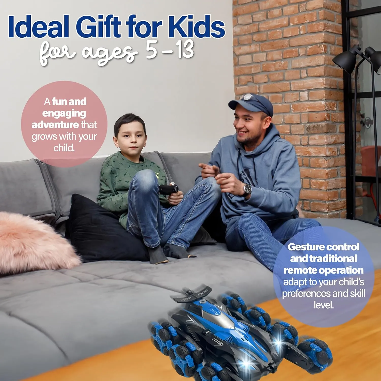 Gesture Sensing RC Stunt Car - Remote Control Car Toys with Lights Music Spray - 8WD 360° RC Cars - Best Gift for Kids for All Ages (Blue)