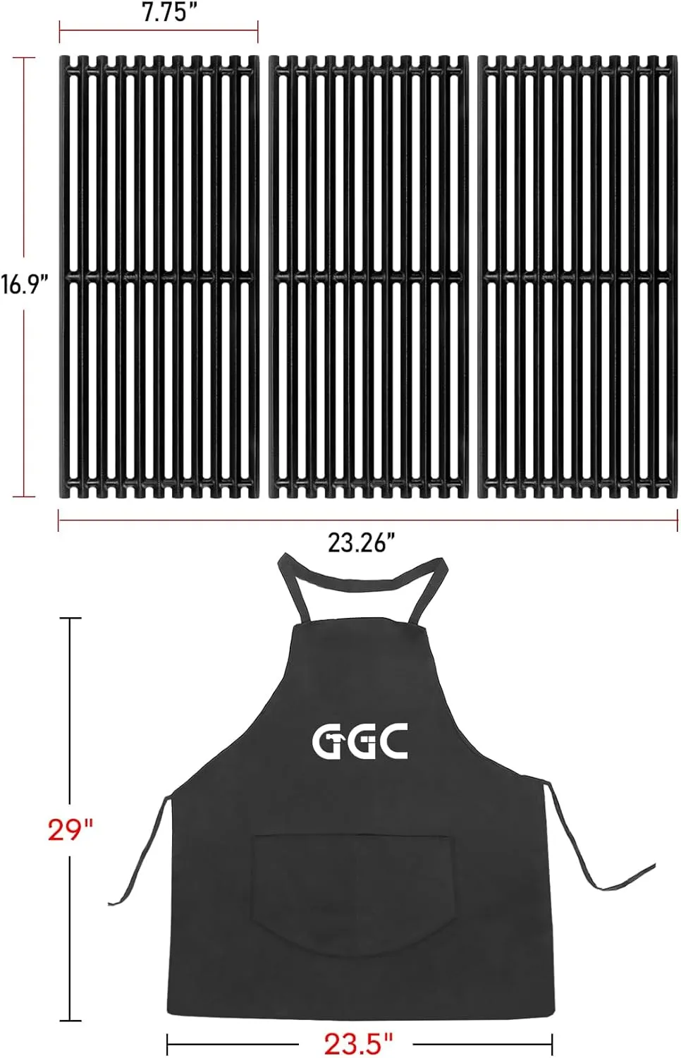 GGC 17" Grill Grates Replacement for Charbroil Infrared 3 Burner 463242515 463242516 G466-0025-W1A 463243016 463246018 463346017, Cast Iron Grill Grates and an Apron