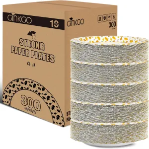 Ginkgo 300 Count Paper Plates 10 inch Bulk, Heavy Duty Disposable Fall Dinner Plates for Party and Everyday