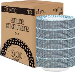 Ginkgo Paper Plates 10 inch Bulk 300 Count, Thickened Disposable Plates Large Heavy Duty Dinner Paper Plates for Holiday, Party, Picnic and Everyday Use