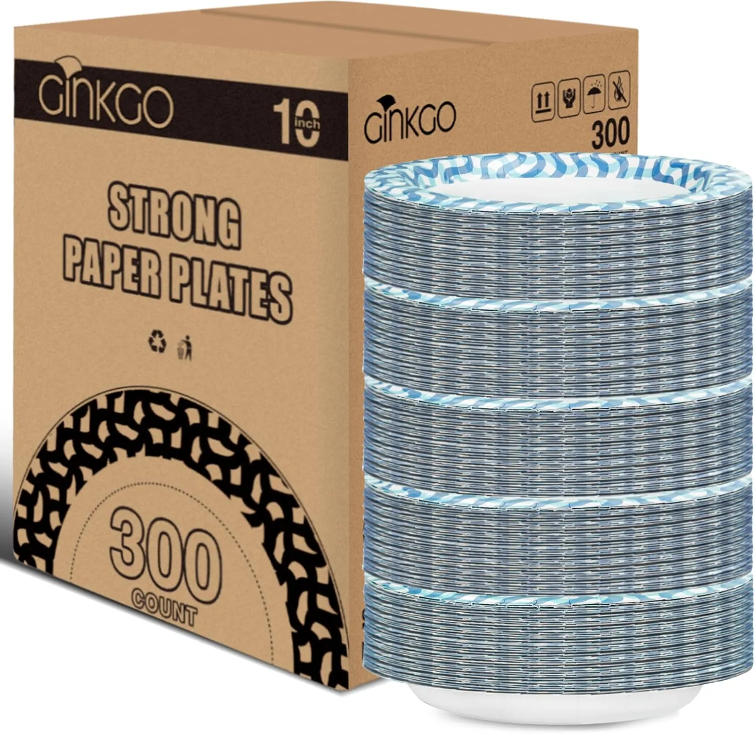 Ginkgo Paper Plates 10 inch Bulk 300 Count, Thickened Disposable Plates Large Heavy Duty Dinner Paper Plates for Holiday, Party, Picnic and Everyday Use