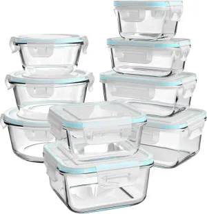 Glass Food Storage Containers with Lids, [18 Piece] Glass Meal Prep Containers, Containers for Food Storage with Lids, BPA Free & Leak Proof (9 Lid & 9 Container)