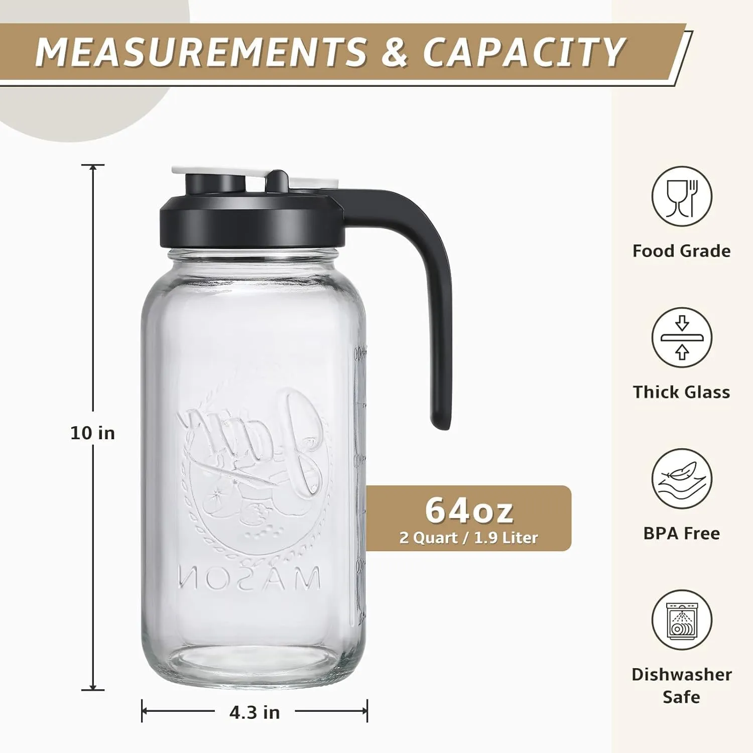 Glass Pitcher with Lid - 2 Quart Mason Jar Pitcher with Filter Lid, Wide Mouth Jar Leak-proof Water Jug, Heavy Duty Container for Water, Juice, Milk, Tea, Iced Coffee, and Drinks - Set of 3