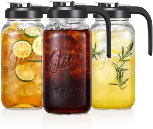 Glass Pitcher with Lid - 2 Quart Mason Jar Pitcher with Filter Lid, Wide Mouth Jar Leak-proof Water Jug, Heavy Duty Container for Water, Juice, Milk, Tea, Iced Coffee, and Drinks - Set of 3