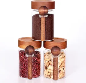Glass Storage Containers with Screw Lids and Spoons, 16 OZ Glass Tea Container with Spoon for Loose Leaf Tea, Sugar and Salt Container Set for Oatmeal Container (XSMLW*3)