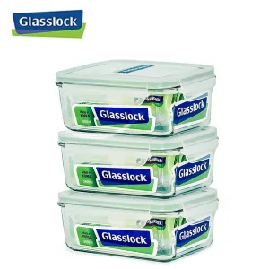 [Glasslock] 64oz/1900ml Rectangular Food-Storage Containers with Locking Lids, 6-Pcs Set